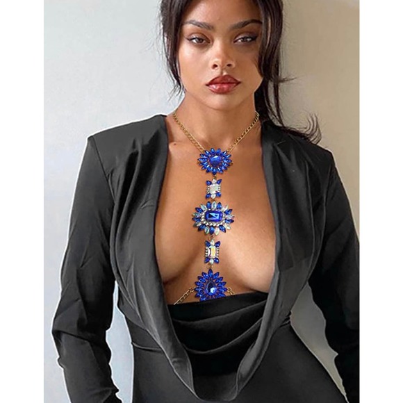 Boho Rhinestone Statement Chest Chain Crystal Necklace Body - Picture 1 of 4